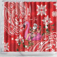 Personalized Hawaii Christmas Shower Curtain Mele Kalikimaka Chilling Shaka Santa Flamingo - Polynesian Pride