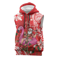Personalized Hawaii Christmas Sleeveless Zip Hoodie Mele Kalikimaka Chilling Shaka Santa Flamingo LT14 Red - Polynesian Pride