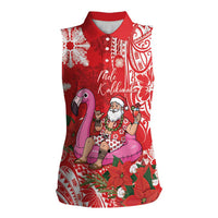 Personalized Hawaii Christmas Women Sleeveless Polo Shirt Mele Kalikimaka Chilling Shaka Santa Flamingo - Polynesian Pride