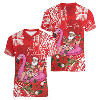 Personalized Hawaii Christmas Women V-Neck T-Shirt Mele Kalikimaka Chilling Shaka Santa Flamingo - Polynesian Pride