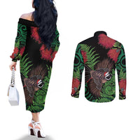 Meri Kirihimete New Zealand Couples Matching Off The Shoulder Long Sleeve Dress and Long Sleeve Button Shirt Piwakawaka Koru Fern Mix Pohutukawa - Polynesian Pride