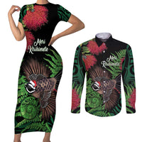 Meri Kirihimete New Zealand Couples Matching Short Sleeve Bodycon Dress and Long Sleeve Button Shirt Piwakawaka Koru Fern Mix Pohutukawa - Polynesian Pride