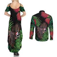 Meri Kirihimete New Zealand Couples Matching Summer Maxi Dress and Long Sleeve Button Shirt Piwakawaka Koru Fern Mix Pohutukawa - Polynesian Pride