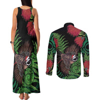 Meri Kirihimete New Zealand Couples Matching Tank Maxi Dress and Long Sleeve Button Shirt Piwakawaka Koru Fern Mix Pohutukawa - Polynesian Pride