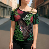 Meri Kirihimete New Zealand Cross Shoulder Shirt Piwakawaka Koru Fern Mix Pohutukawa - Polynesian Pride