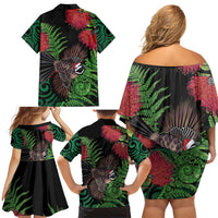 Meri Kirihimete New Zealand Family Matching Off Shoulder Short Dress and Hawaiian Shirt Piwakawaka Koru Fern Mix Pohutukawa - Polynesian Pride