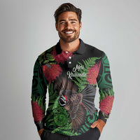 Meri Kirihimete New Zealand Long Sleeve Polo Shirt Piwakawaka Koru Fern Mix Pohutukawa - Polynesian Pride