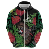 Meri Kirihimete New Zealand Zip Hoodie Piwakawaka Koru Fern Mix Pohutukawa - Polynesian Pride