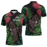 Meri Kirihimete New Zealand Zipper Polo Shirt Piwakawaka Koru Fern Mix Pohutukawa - Polynesian Pride