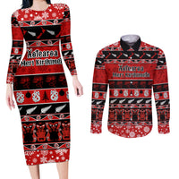Personalised New Zealand Christmas Couples Matching Long Sleeve Bodycon Dress and Long Sleeve Button Shirt Aotearoa Kiwi Meri Kirihimete Red Version LT14 Red - Polynesian Pride