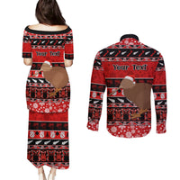 Personalised New Zealand Christmas Couples Matching Puletasi Dress and Long Sleeve Button Shirt Aotearoa Kiwi Meri Kirihimete Red Version LT14 - Polynesian Pride