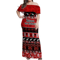 Personalised New Zealand Christmas Off Shoulder Maxi Dress Aotearoa Kiwi Meri Kirihimete Red Version LT14 Women Red - Polynesian Pride