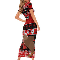 Personalised New Zealand Christmas Short Sleeve Bodycon Dress Aotearoa Kiwi Meri Kirihimete Red Version LT14 - Polynesian Pride
