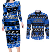 Personalised New Zealand Christmas Couples Matching Long Sleeve Bodycon Dress and Long Sleeve Button Shirt Aotearoa Kiwi Meri Kirihimete Blue Version LT14 Blue - Polynesian Pride