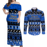 Personalised New Zealand Christmas Couples Matching Off Shoulder Maxi Dress and Long Sleeve Button Shirt Aotearoa Kiwi Meri Kirihimete Blue Version LT14 Blue - Polynesian Pride