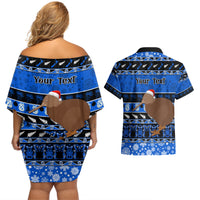 Personalised New Zealand Christmas Couples Matching Off Shoulder Short Dress and Hawaiian Shirt Aotearoa Kiwi Meri Kirihimete Blue Version LT14 - Polynesian Pride