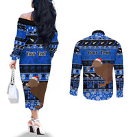 Personalised New Zealand Christmas Couples Matching Off The Shoulder Long Sleeve Dress and Long Sleeve Button Shirt Aotearoa Kiwi Meri Kirihimete Blue Version LT14 - Polynesian Pride