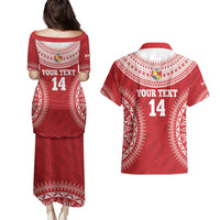 Custom Tonga Mate Maa Couples Matching Puletasi and Hawaiian Shirt Go Champions Tongan Ngatu - Red