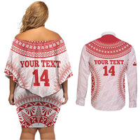 Custom Tonga Mate Maa Couples Matching Off Shoulder Short Dress and Long Sleeve Button Shirt Go Champions Tongan Ngatu - White