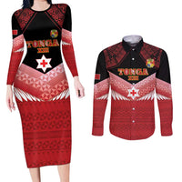 Custom Mate Maa Tonga XIII Couples Matching Long Sleeve Bodycon Dress and Long Sleeve Button Shirt Tongan Kupesi Ngatu - Rugby Style