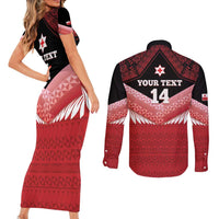 Custom Mate Maa Tonga XIII Couples Matching Short Sleeve Bodycon Dress and Long Sleeve Button Shirt Tongan Kupesi Ngatu - Rugby Style