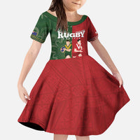 Custom Mate Maa Tonga And Kangaroo Australia Kid Short Sleeve Dress Tongan Kupesi Mix Aboriginal Art LT14 KID Green - Polynesian Pride