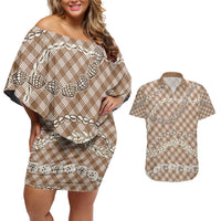 Brown Aloha Hawaii Shell Lei Couples Matching Off Shoulder Short Dress and Hawaiian Shirt Palaka Hebrew Cone Honey Cowrie Elegant Curves - Polynesian Pride