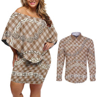 Brown Aloha Hawaii Shell Lei Couples Matching Off Shoulder Short Dress and Long Sleeve Button Shirt Palaka Hebrew Cone Honey Cowrie Elegant Curves - Polynesian Pride