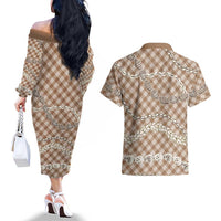 Brown Aloha Hawaii Shell Lei Couples Matching Off The Shoulder Long Sleeve Dress and Hawaiian Shirt Palaka Hebrew Cone Honey Cowrie Elegant Curves - Polynesian Pride