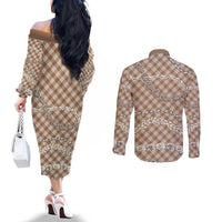 Brown Aloha Hawaii Shell Lei Couples Matching Off The Shoulder Long Sleeve Dress and Long Sleeve Button Shirt Palaka Hebrew Cone Honey Cowrie Elegant Curves - Polynesian Pride