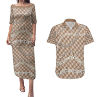 Brown Aloha Hawaii Shell Lei Couples Matching Puletasi and Hawaiian Shirt Palaka Hebrew Cone Honey Cowrie Elegant Curves LT14 Brown - Polynesian Pride