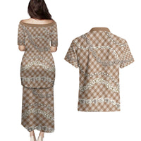 Brown Aloha Hawaii Shell Lei Couples Matching Puletasi and Hawaiian Shirt Palaka Hebrew Cone Honey Cowrie Elegant Curves LT14 - Polynesian Pride