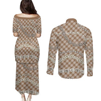 Brown Aloha Hawaii Shell Lei Couples Matching Puletasi and Long Sleeve Button Shirt Palaka Hebrew Cone Honey Cowrie Elegant Curves - Polynesian Pride