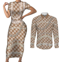 Brown Aloha Hawaii Shell Lei Couples Matching Short Sleeve Bodycon Dress and Long Sleeve Button Shirt Palaka Hebrew Cone Honey Cowrie Elegant Curves - Polynesian Pride