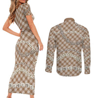 Brown Aloha Hawaii Shell Lei Couples Matching Short Sleeve Bodycon Dress and Long Sleeve Button Shirt Palaka Hebrew Cone Honey Cowrie Elegant Curves - Polynesian Pride