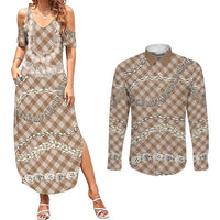 Brown Aloha Hawaii Shell Lei Couples Matching Summer Maxi Dress and Long Sleeve Button Shirt Palaka Hebrew Cone Honey Cowrie Elegant Curves - Polynesian Pride