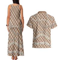 Brown Aloha Hawaii Shell Lei Couples Matching Tank Maxi Dress and Hawaiian Shirt Palaka Hebrew Cone Honey Cowrie Elegant Curves - Polynesian Pride