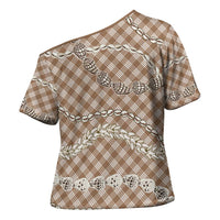 Brown Aloha Hawaii Shell Lei Cross Shoulder Shirt Palaka Hebrew Cone Honey Cowrie Elegant Curves - Polynesian Pride
