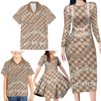Brown Aloha Hawaii Shell Lei Family Matching Long Sleeve Bodycon Dress and Hawaiian Shirt Palaka Hebrew Cone Honey Cowrie Elegant Curves - Polynesian Pride