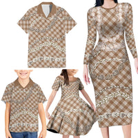 Brown Aloha Hawaii Shell Lei Family Matching Long Sleeve Bodycon Dress and Hawaiian Shirt Palaka Hebrew Cone Honey Cowrie Elegant Curves - Polynesian Pride