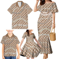 Brown Aloha Hawaii Shell Lei Family Matching Mermaid Dress and Hawaiian Shirt Palaka Hebrew Cone Honey Cowrie Elegant Curves - Polynesian Pride
