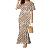 Brown Aloha Hawaii Shell Lei Family Matching Mermaid Dress and Hawaiian Shirt Palaka Hebrew Cone Honey Cowrie Elegant Curves - Polynesian Pride