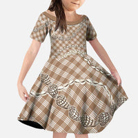 Brown Aloha Hawaii Shell Lei Family Matching Off The Shoulder Long Sleeve Dress and Hawaiian Shirt Palaka Hebrew Cone Honey Cowrie Elegant Curves - Polynesian Pride