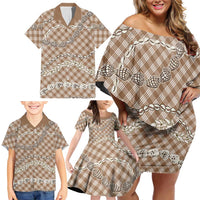 Brown Aloha Hawaii Shell Lei Family Matching Off Shoulder Short Dress and Hawaiian Shirt Palaka Hebrew Cone Honey Cowrie Elegant Curves - Polynesian Pride