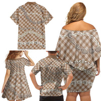 Brown Aloha Hawaii Shell Lei Family Matching Off Shoulder Short Dress and Hawaiian Shirt Palaka Hebrew Cone Honey Cowrie Elegant Curves - Polynesian Pride