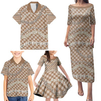 Brown Aloha Hawaii Shell Lei Family Matching Puletasi and Hawaiian Shirt Palaka Hebrew Cone Honey Cowrie Elegant Curves LT14 - Polynesian Pride