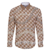 Brown Aloha Hawaii Shell Lei Family Matching Puletasi and Hawaiian Shirt Palaka Hebrew Cone Honey Cowrie Elegant Curves LT14 Dad's Shirt - Long Sleeve Brown - Polynesian Pride