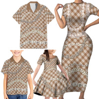Brown Aloha Hawaii Shell Lei Family Matching Short Sleeve Bodycon Dress and Hawaiian Shirt Palaka Hebrew Cone Honey Cowrie Elegant Curves - Polynesian Pride