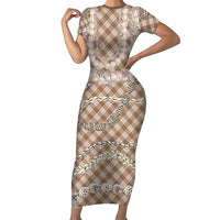 Brown Aloha Hawaii Shell Lei Family Matching Short Sleeve Bodycon Dress and Hawaiian Shirt Palaka Hebrew Cone Honey Cowrie Elegant Curves - Polynesian Pride