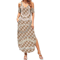 Brown Aloha Hawaii Shell Lei Family Matching Summer Maxi Dress and Hawaiian Shirt Palaka Hebrew Cone Honey Cowrie Elegant Curves - Polynesian Pride